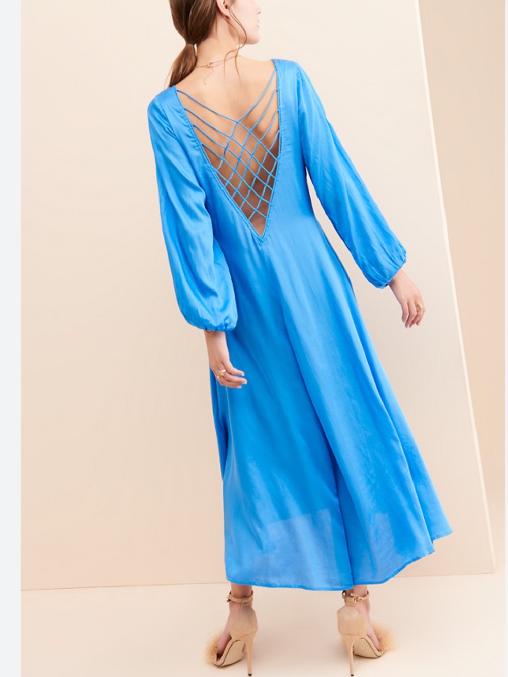 Free People womans Later days Blue Crisscross Back Long Sleeve Maxi Dress 10